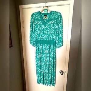 Vintage 1980s Diane Freis Floral Turquoise Smocked Ruffle Dress